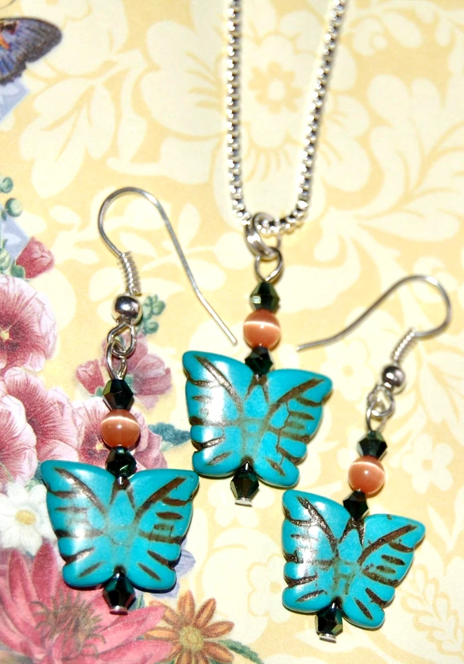 JUEGO DE COLLAR PENDIENTE CON CUENTAS MARIPOSA TURQUESA DISEÑO ADE ALPINE H24 HECHO EN EE. UU. Foto 2 de 3