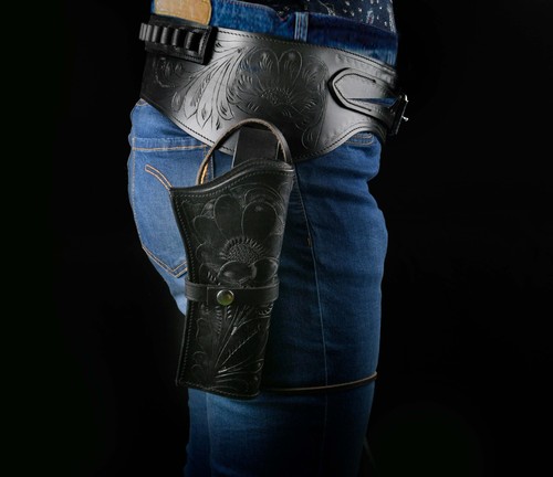 WESTERN LEATHER COWBOY TOOLED STYLE SINGLE DROP RIG GUN HOLSTER & GUN BELT - Picture 9 of 22