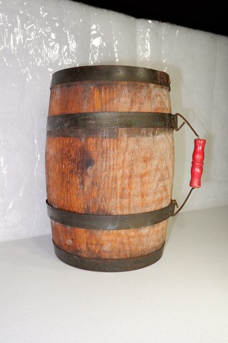 Antique Oak Wood Whiskey Barrel Keg - Powder Cask Banded w/Red Bail Handle 12" - Picture 4 of 8