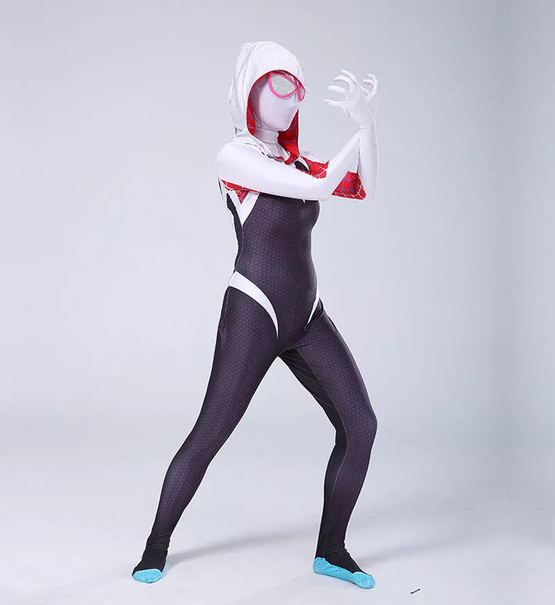 Spiderman Gwen Cosplay Suit Hoodie Pantyhose Bodysuit Halloween Costume for Kids