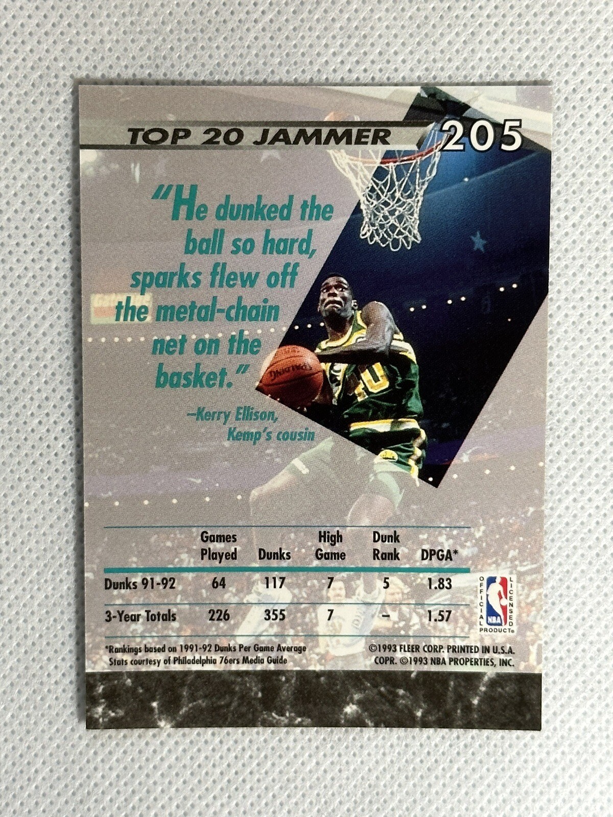 199293 Fleer Ultra Shawn Kemp 205 Dunk Basketball Card Seattle