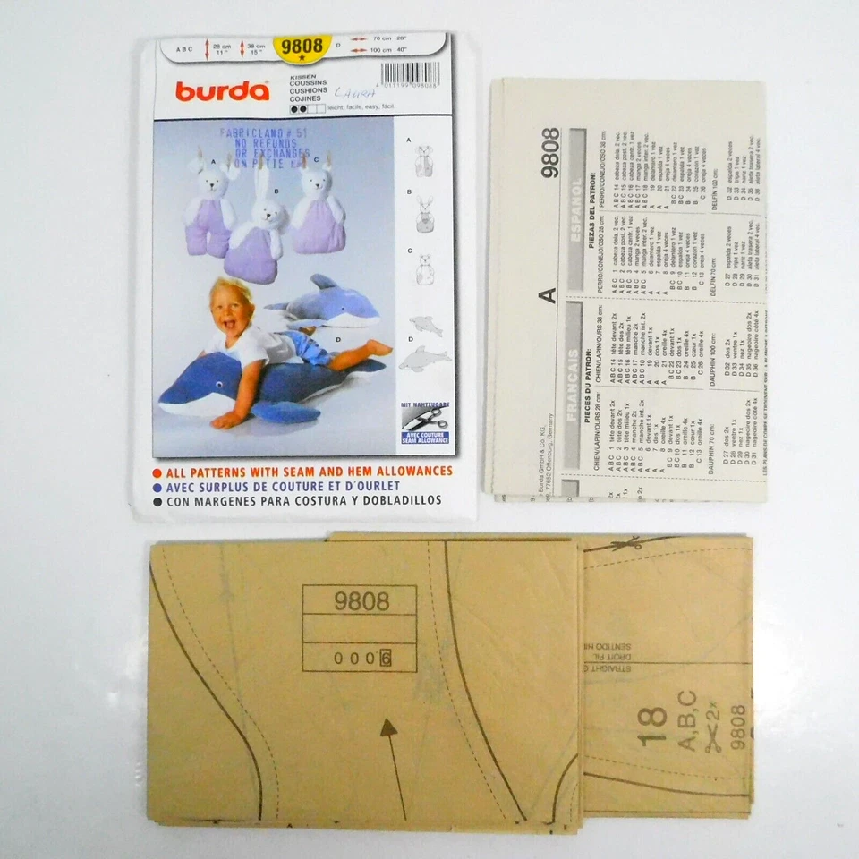 Burda 9808 Cushions Sewing Pattern Uncut Dolphin Bunny Bear Dog - Image 2 of 4
