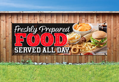 FRISCH ZUBEREITETES ESSEN SERVIERT DEN GANZEN TAG PVC-bedrucktes BANNER OUTDOOR-SCHILD Ösen