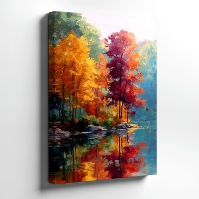 Wall Art Autumn Forest Lake Reflection Canvas Print Colorful Landscape Decor