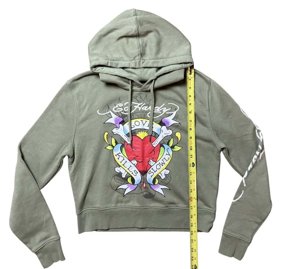 Sudadera con capucha Ed Hardy recortada Love Kills tatuaje polar Y2K mujer talla pequeña EHWR1501-5 Foto 4 de 4