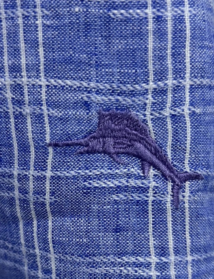 Tommy Bahama 男式纽扣衬衫 M 亚麻白色紫色格子长袖标志 — 第 4/4 张图片