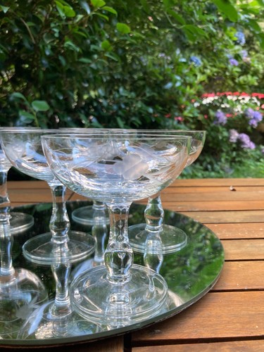 SET OF 6 VINTAGE ETCHED CHAMPAGNE COUPES SAUCERS - Picture 6 of 11