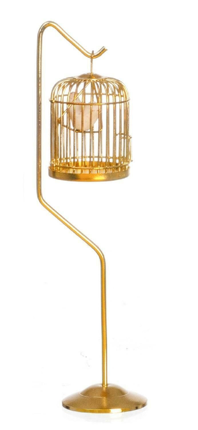 Dolls House Victorian Accessory Bird in Brass Cage on Stand Miniature 1:12