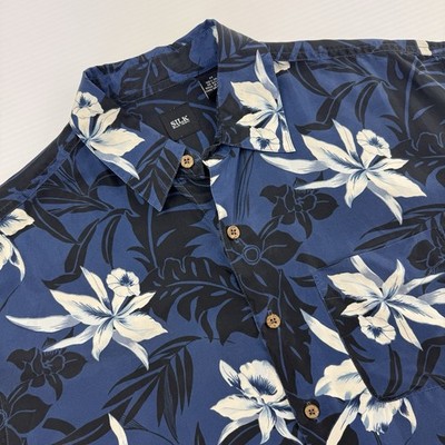 100% Silk Hawaiian Shirt Mens M Blue Floral Tropical Camp Silk Icon