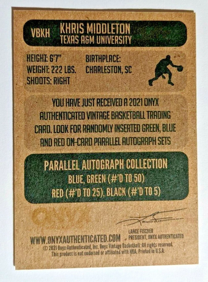 2021 ONYX VINTAGE BASKETBALL BASE CARD KHRIS MIDDLETON #VBKH - Image 2 of 2