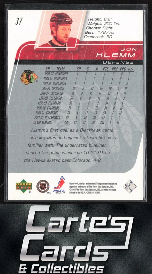 Jon Klemm 2002-03 Upper Deck #37 Chicago Blackhawks TTM/IP Signed Auto - Image 2 of 2