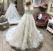 Plus Size Lace Wedding Dresses A Line Straps Backless V Neck Gowns Sweep Train