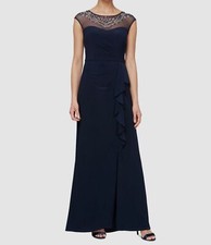 Alex Evenings Women's Blue Illusion Embellished Ruffled Jewel Neck Dress Size 8