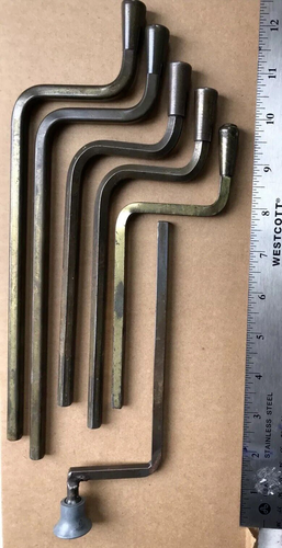 RARE Antique Crank Allen L Hexagonal Square Wrench Set 1/4" & 5/16" Lot 6 Brass