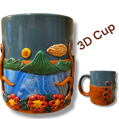 Unique Handmade Polymer Clay 3D Mountain Scene Green Ceramic Coffee Cup Mug