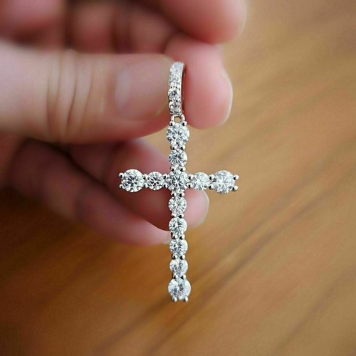 2Ct Round Cut Real Moissanite Cross Pendant 14K White Gold Plated Silver - 第 3/6 張圖片