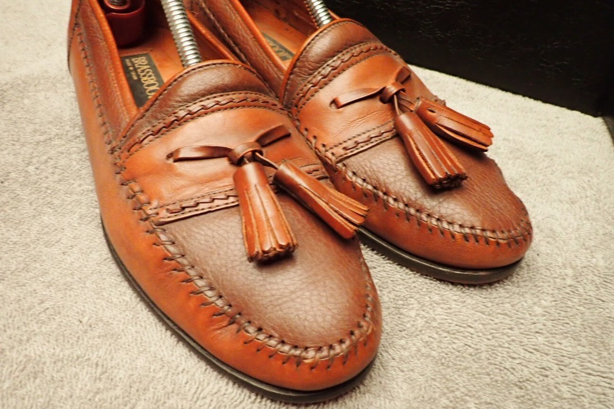 Brass Boot Brown Leather Slip-On Top Stitched Tassel Loafers  display picture 1