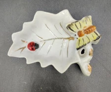 Vintage Personal Lady Bug Ashtray Japan Porcelain Leaf Butterfly Gold Paint Trim
