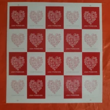 Forever Hearts Sheet of Twenty Forever Stamps - Great For Weddings Scott 4955