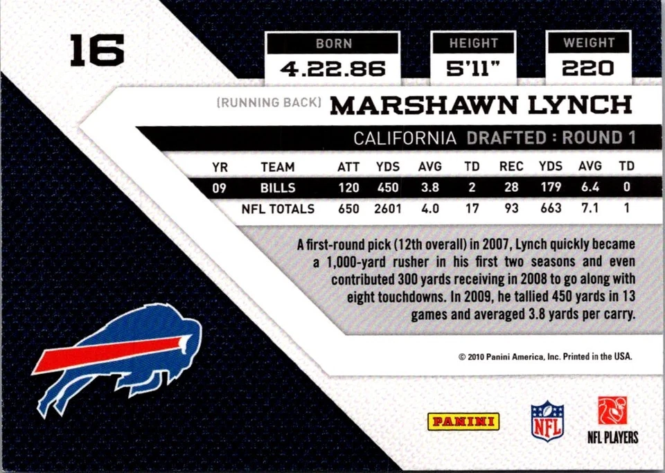 2010 PANINI THREADS MARSHAWN LYNCH # 16  NFL BUFFALO BILLS GRIDIRON CARD - Image 2 of 2