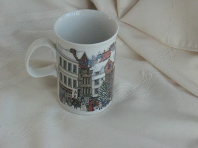 Dunoon Stoneware Christmastime Mug Cup Carolers, Snow Covered Buildings Scotland