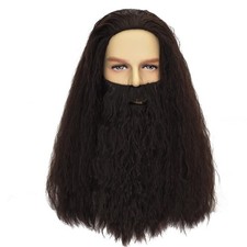 Mens Dark Brown Wig and Beard Wizard Wig Halloween Costume