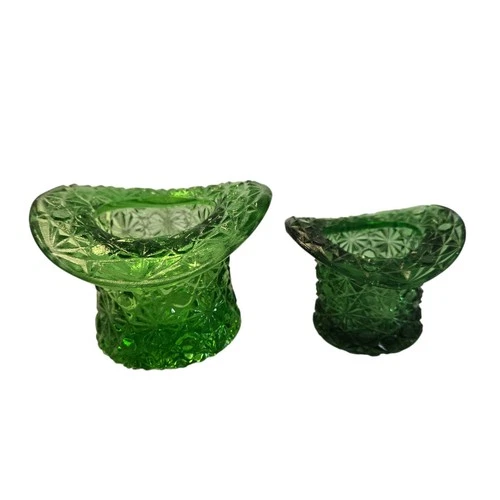 Vintage Fenton Glass Top Hat Green Daisy & Button Toothpick Holder Set Of 2 (*1)