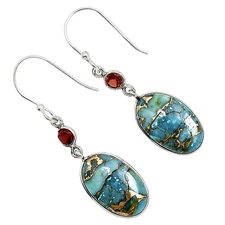 Kingman Copper Teal Turquoise & Garnet 925 Silver Earrings Jewelry E-1002