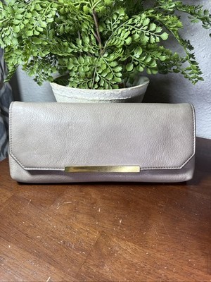 J Crew 12  Leather Clutch Gold Bar Foldover Evening Bag Purse Suede Interior