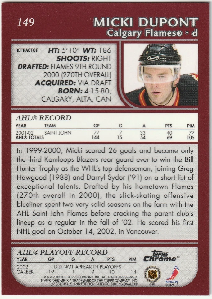 2002-03 Topps (Chrome) "Refractor" Parallel SP Card # 149 Micki Dupont! - Image 2 of 2