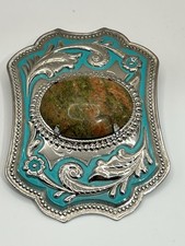 Vintage Western Belt Buckle Turquoise Enamel Oval Stone Silver Tone Floral