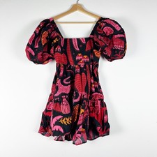 Farm Rio Cotton Poplin Black Tropical Magic Print Pattern Smocked Mini Dress XS