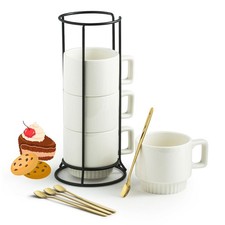 Miamolo Stackable Coffee Mugs Set of 4 w/ Holder & Spoons, 11oz Ceramic Cups
