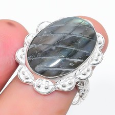 Natural Labradorite Gemstone 925 Sterling Silver Jewelry Ring Size 9 US 