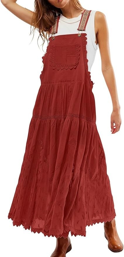 Women's Laced Embroidered Tulle Bib Dress Casual Loose Adjustable Straps  Maxi | eBay