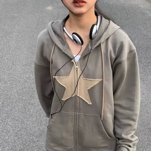 y2k Hip Hop Zip Up Hoodie Vintage Star Patch Loose y2k Hip Hop Zip Up Hoodie Vintage Star Patch Loose