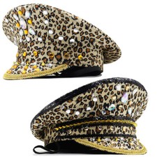 Women Rhinestone Sequin Festival Party Hat Leopard Military Captain Cap New