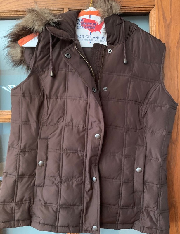 Gap women's brown puffer vest, hood with removable fur, S
