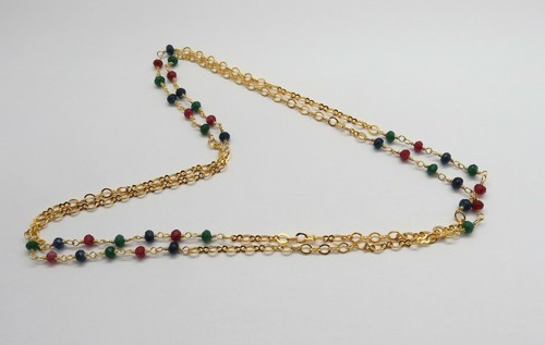 Gemstone Beaded Necklace 22K Gold Chain Emerald Ruby Sapphire Beads 30" Endless - Picture 2 of 6