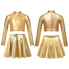 M&auml;dchen Tanz Outfits Glitzer Pailletten Bauchfrei Oberteil Mit Rock Tanzkost&uuml;m