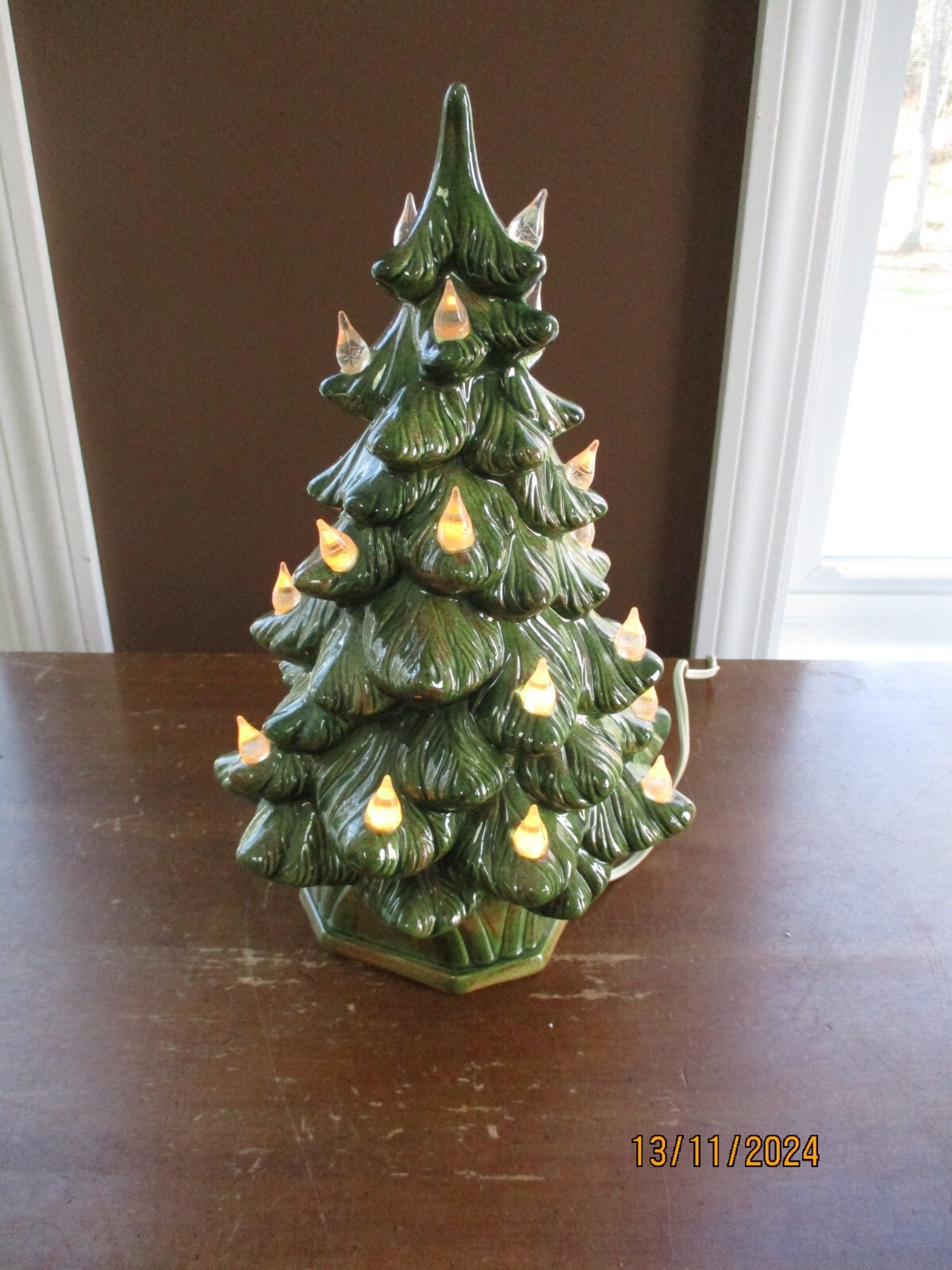 Vintage Ceramic Holland Mold Christmas Table Top Tree Light up Green Brown 12