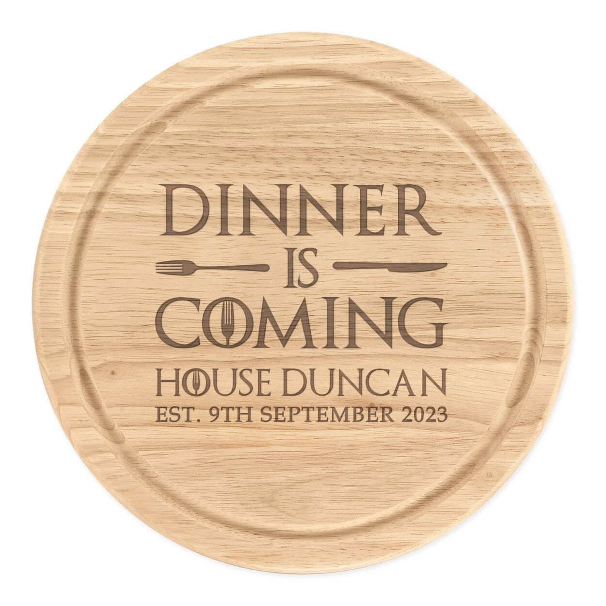 Personalised Dinner Is Coming Wooden Chopping Board Round 25cm Meat Serving BBQ