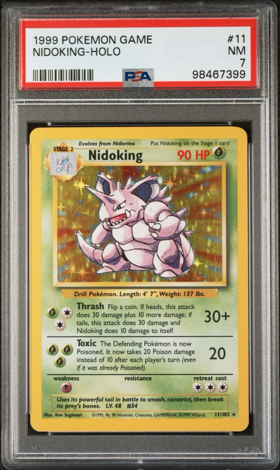 1999 Pokemon Base Unlimited #11/102 Nidoking HOLO Rare Vintage WoTC - PSA 7 NM