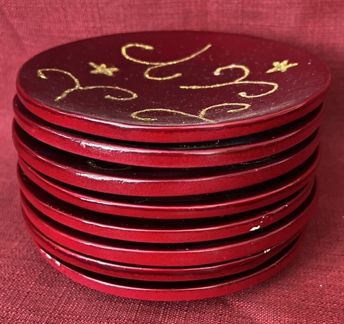 Set 8 piccoli piattini decorativi in ceramica oro rosso ceramica d'epoca - Foto 3 di 8
