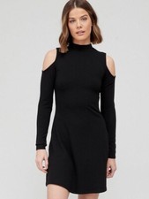 V By Very Cold Shoulder High Neck Long Sleeve Ribbed Mini Dress Black Uk Size 10