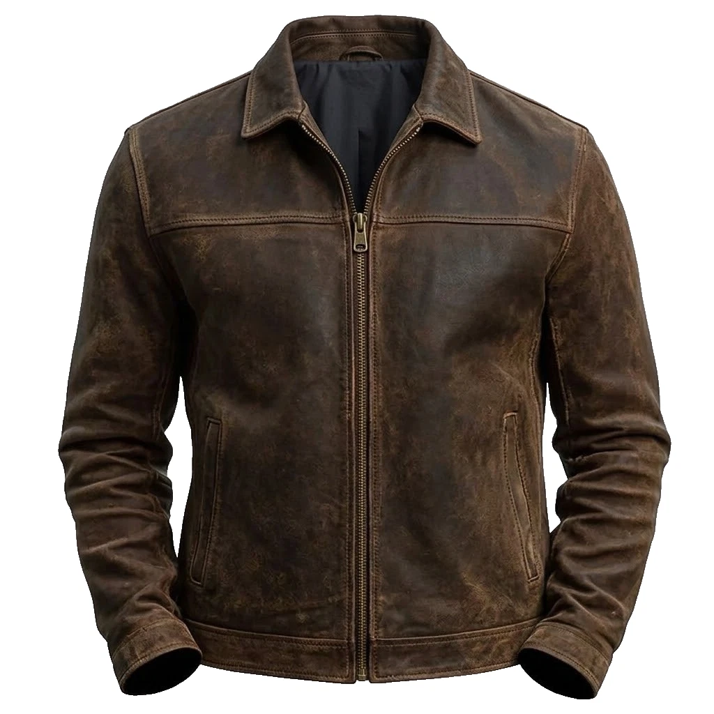 Men’s Brown Distressed Leather Cafe Racer Jacket Strearwear Biker Zip Coat