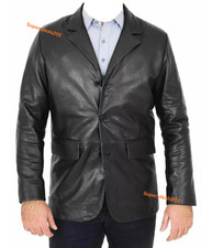 Mens Black Lambskin Leather Blazer Three Button Business Formal Sport Slim Wears