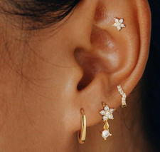 14K Gold Plated Stud Earrings Set - Small Dainty Hoop CZ Huggie Earrings for Wom