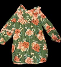 FARM Rio Anthropologie Elinor Tunic Dress Green & Pink Floral Ruffle Size M