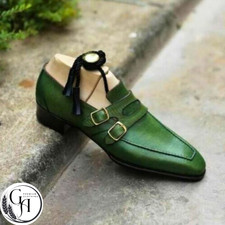Bespoke New Handmade Mens Green Monk Strap Dress Shoes - Plain Toe Formal Loafer